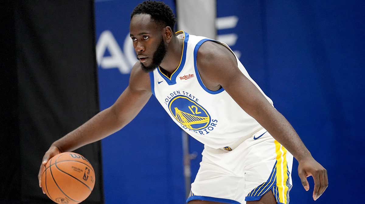 Golden State Warriors forward Usman Garuba (12) dribbles the ball during Media Day at the Chase Center.