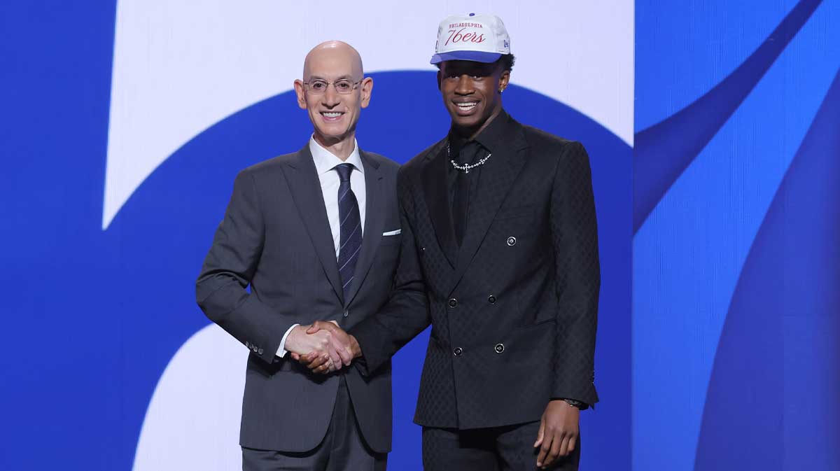 VJ Edgecombe stands with NBA commissioner Adam Silver after being selected as the third pick by the Philadelphia 76ers in the first round of the 2025 NBA Draft at Barclays Center.