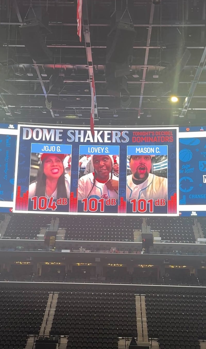 Inside view of the Intuit Dome's new “Dome Shakers” feature which measures crowd noise levels, highlighting the loudest fans on the 40,000-square-foot double-sided Halo Board scoreboard above the court.