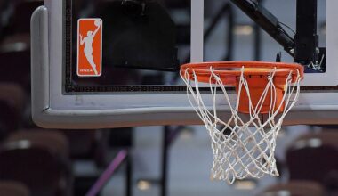 The WNBA logo and hoop are seen at a WNBA basketball game at Mohegan Sun Arena, Tuesday, May 14, 2019, in Uncasville, Conn.