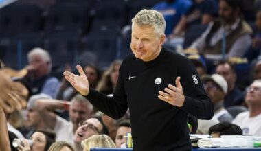 Golden State Warriors head coach Steve Kerr reacts during the fourth quarter against the Portland Trail Blazers at Chase Center.