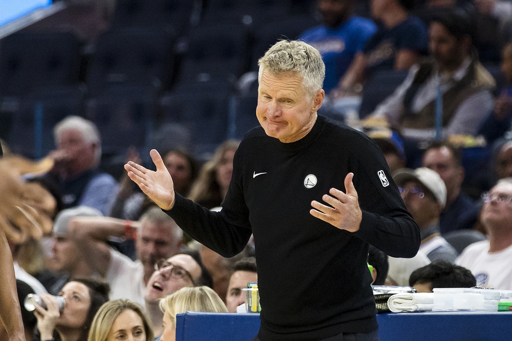 Golden State Warriors head coach Steve Kerr reacts during the fourth quarter against the Portland Trail Blazers at Chase Center.