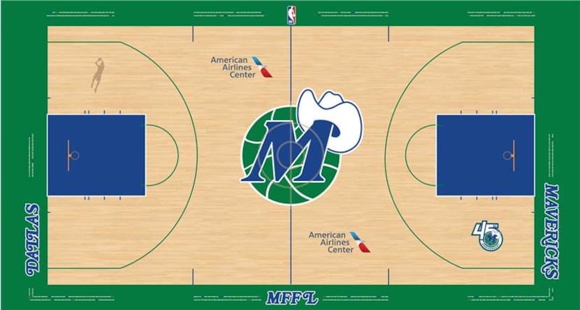 The Dallas Mavericks court design for 2025-26 games featuring Hardwood Classic uniforms.