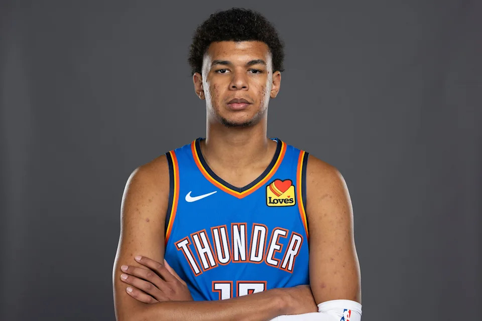 Sep 29, 2025; Oklahoma City, OK, USA; Oklahoma City Thunder forward Ousmane Dieng poses for a photo during the 2025 Oklahoma City Thunder media day at Paycom Center. Mandatory Credit: Alonzo Adams-Imagn Images
