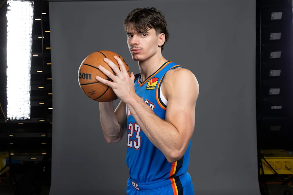 Sep 29, 2025; Oklahoma City, OK, USA; Oklahoma City Thunder forward Brooks Barnhizer poses for a photo during the 2025 Oklahoma City Thunder media day at Paycom Center. Mandatory Credit: Alonzo Adams-Imagn Images