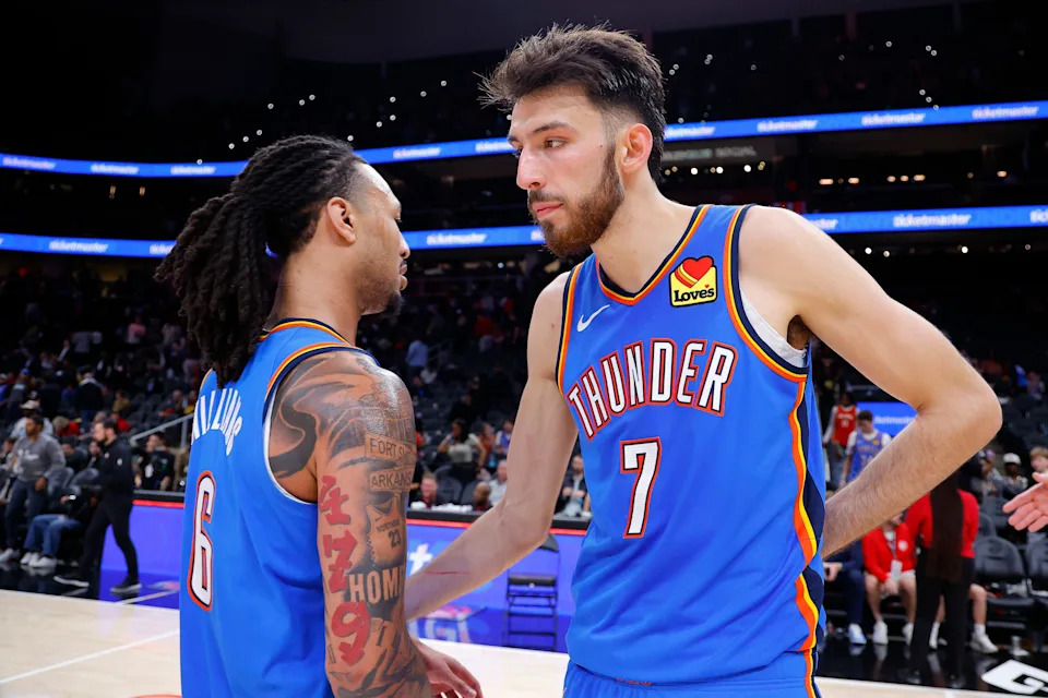 ATLANTA, GEORGIA - OCTOBER 25: Chet Holmgren #7 reacts with Jaylin Williams #6 of the Oklahoma City Thunder following the 117-100 victory over the Atlanta Hawks at State Farm Arena on October 25, 2025 in Atlanta, Georgia. NOTE TO USER: User expressly acknowledges and agrees that, by downloading and or using this photograph, User is consenting to the terms and conditions of the Getty Images License Agreement. (Photo by Todd Kirkland/Getty Images)