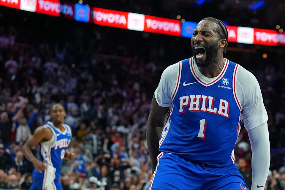 PHILADELPHIA, PENNSYLVANIA - OCTOBER 25: Andre Drummond #1 of the Philadelphia 76ers reacts after dunking the ball against the Charlotte Hornets in the second half at Xfinity Mobile Arena on October 25, 2025 in Philadelphia, Pennsylvania. The 76ers defeated the Hornets 125-121. NOTE TO USER: User expressly acknowledges and agrees that, by downloading and or using this photograph, User is consenting to the terms and conditions of the Getty Images License Agreement. (Photo by Mitchell Leff/Getty Images)