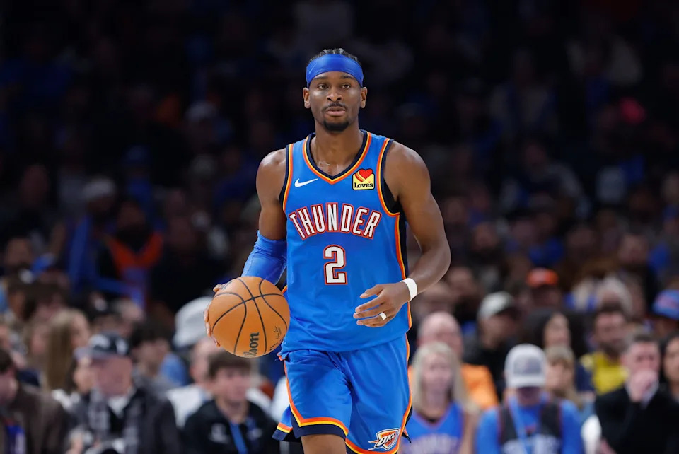 Oct 30, 2025; Oklahoma City, Oklahoma, USA; Oklahoma City Thunder guard Shai Gilgeous-Alexander (2) dribbles down the court against the Washington Wizards during the second half at Paycom Center. Mandatory Credit: Alonzo Adams-Imagn Images