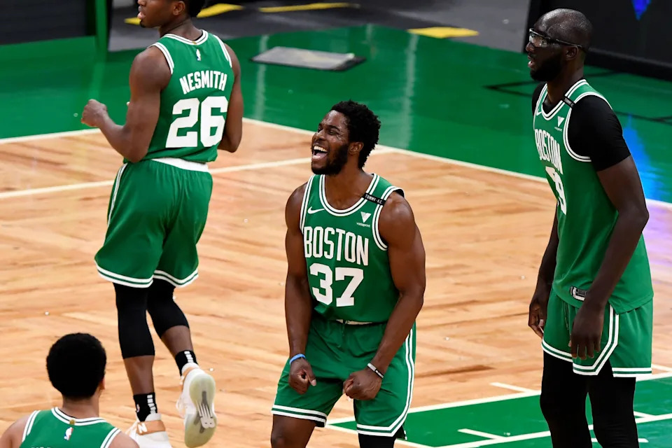 Jan 15, 2021; Boston, Massachusetts, USA; Boston Celtics forward Semi Ojeleye (37) reacts after defeating the Orlando Magic at the TD Garden. Mandatory Credit: Brian Fluharty-USA TODAY Sports