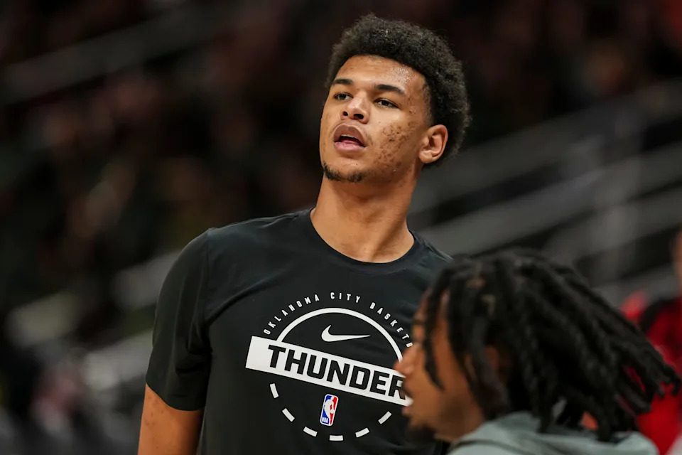 Oct 25, 2025; Atlanta, Georgia, USA; Oklahoma City Thunder forward Ousmane Dieng (13) on the court prior to the game against the Atlanta Hawks at State Farm Arena. Mandatory Credit: Dale Zanine-Imagn Images