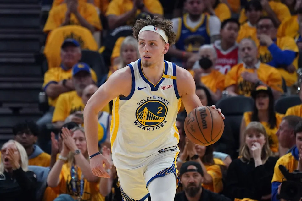 May 10, 2025; San Francisco, California, USA; Golden State Warriors guard Brandin Podziemski (2) dribbles upcourt against the Minnesota Timberwolves in the second quarter during game three in the second round of the 2025 NBA Playoffs at Chase Center. Mandatory Credit: David Gonzales-Imagn Images