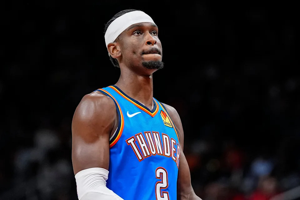 Oct 25, 2025; Atlanta, Georgia, USA; Oklahoma City Thunder guard Shai Gilgeous-Alexander (2) shown on the court against the Atlanta Hawks during the second half at State Farm Arena. Mandatory Credit: Dale Zanine-Imagn Images