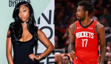 Tari Eason #17 of the Houston Rockets reacts after making a three pointer in the first half of the game against the Brooklyn Nets.