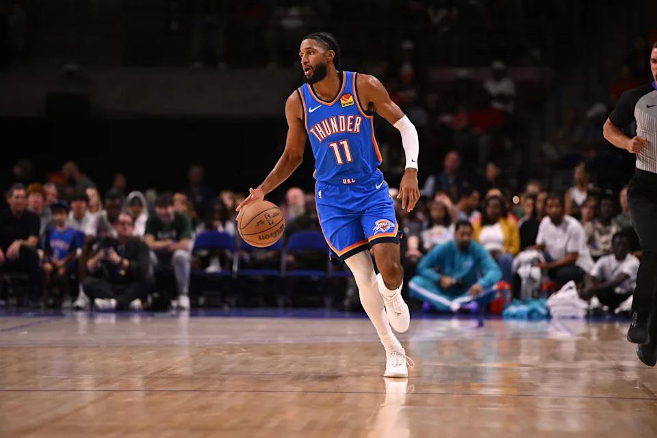 Oct 5, 2025; North Charleston, South Carolina, USA; Oklahoma City Thunder guard Isaiah Joe (11) drives up the court against the Charlotte Hornets in the first quarter at North Charleston Coliseum. Mandatory Credit: Arthur Ellis-Imagn Images