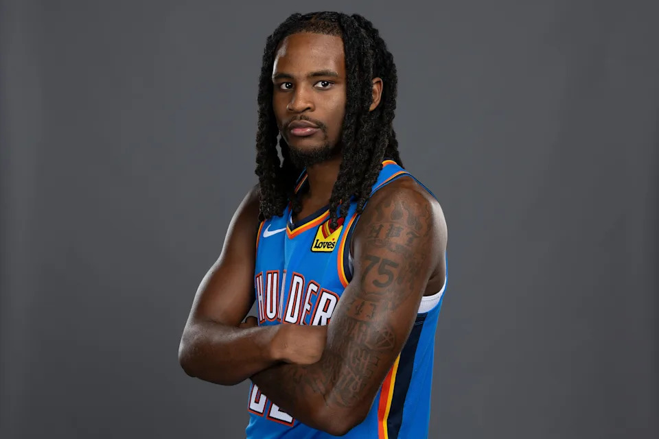 Sep 29, 2025; Oklahoma City, OK, USA; Oklahoma City Thunder guard Cason Wallace poses for a photo during the 2025 Oklahoma City Thunder media day at Paycom Center. Mandatory Credit: Alonzo Adams-Imagn Images