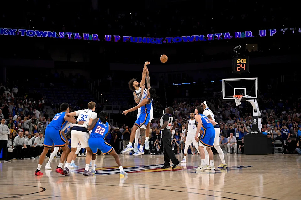 Oct 6, 2025; Fort Worth, Texas, USA; A view of the opening tipoff between the Dallas Mavericks and the Oklahoma City Thunder during the first quarter at Dickie's Arena. Mandatory Credit: Jerome Miron-Imagn Images