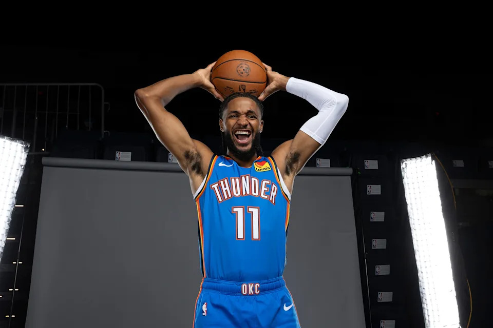 Sep 29, 2025; Oklahoma City, OK, USA; Oklahoma City Thunder guard Isaiah Joe poses for a photo during the 2025 Oklahoma City Thunder media day at Paycom Center. Mandatory Credit: Alonzo Adams-Imagn Images