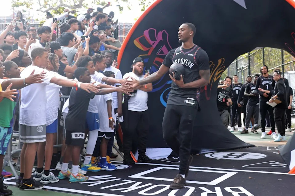 Dariq Whitehead #0 of the Brooklyn Nets high fives fans on September 28, 2025 in Brooklyn, New York. NBAE via Getty Images