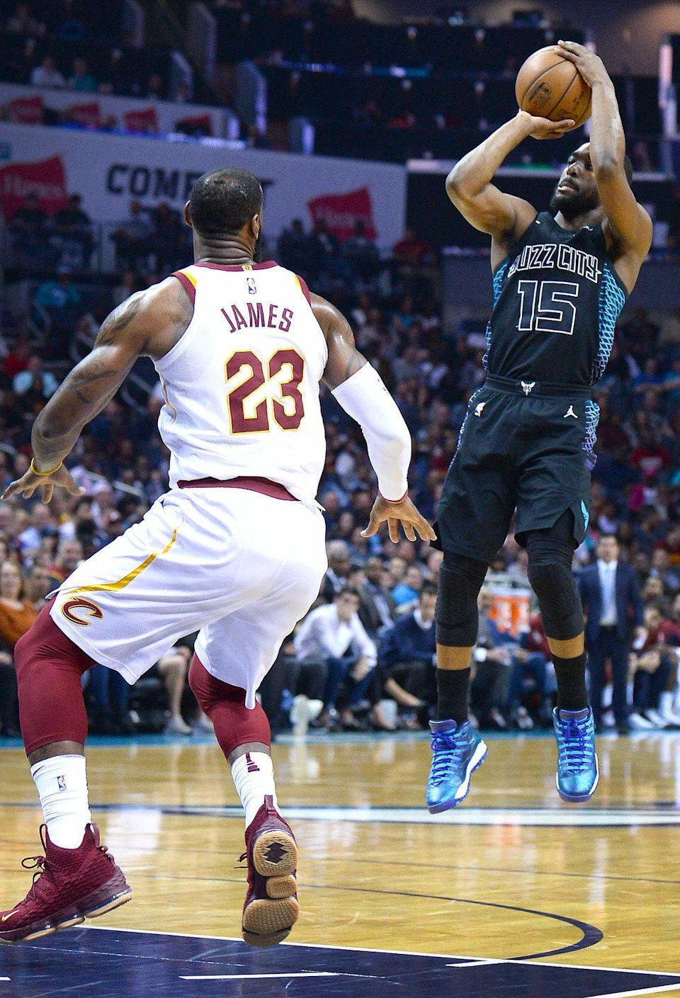 March 28, 2018: Charlotte Hornets guard Kemba Walker (right) releases a jump shot over Cleveland Cavaliers star LeBron James. The Cavaliers beat the Hornets that night, but Walker had 21 points, enough to eclipse Dell Curry’s franchise scoring record.