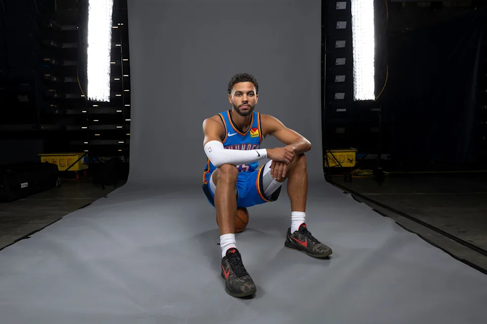 Sep 29, 2025; Oklahoma City, OK, USA; Oklahoma City Thunder guard Ajay Mitchell poses for a photo during the 2025 Oklahoma City Thunder media day at Paycom Center. Mandatory Credit: Alonzo Adams-Imagn Images