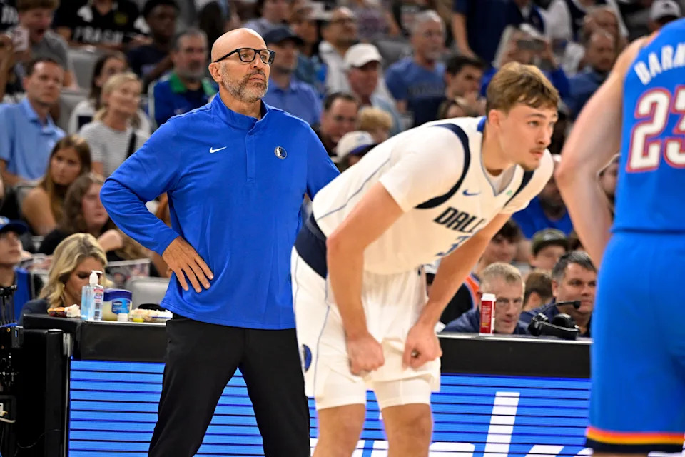 Oct 6, 2025; Fort Worth, Texas, USA; Dallas Mavericks Head Coach Jason Kidd watches forward Cooper Flagg (32) on the court during the second quarter against the Oklahoma City Thunder at Dickie's Arena. Mandatory Credit: Jerome Miron-Imagn Images