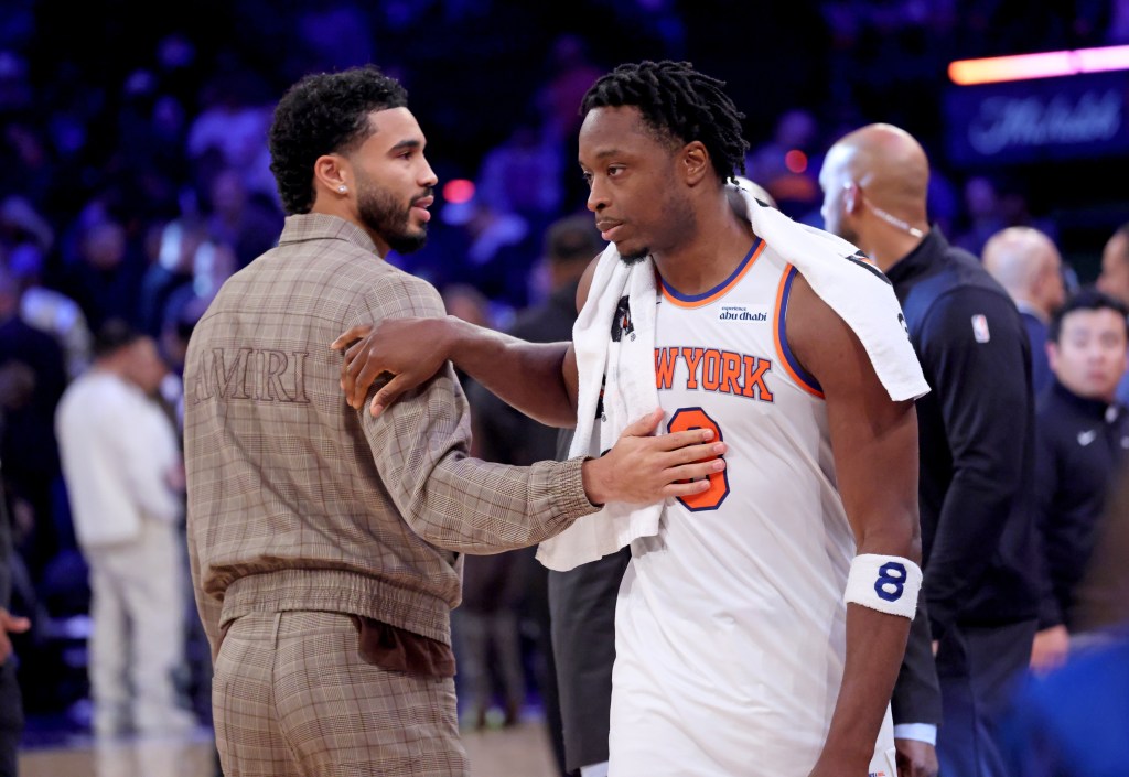 New York Knicks forward OG Anunoby #8 greets Boston Celtics Jayson Tatum at the end the game.