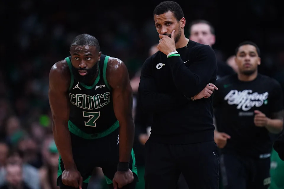 Apr 29, 2025; Boston, Massachusetts, USA; Boston Celtics head coach Joe Mazzulla talks with guard Jaylen Brown (7) from the sideline as they take on the Orlando Magic during game five of first round for the 2025 NBA Playoffs at TD Garden. Mandatory Credit: David Butler II-Imagn Images