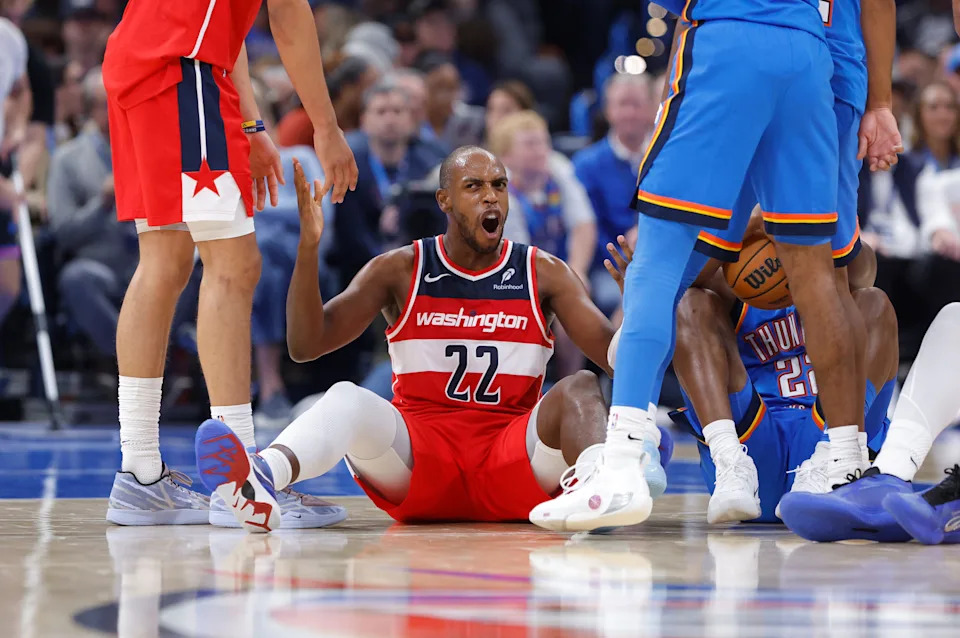 Oct 30, 2025; Oklahoma City, Oklahoma, USA; Washington Wizards forward Khris Middleton (22) reacts after a play against the Oklahoma City Thunder during the second quarter at Paycom Center. Mandatory Credit: Alonzo Adams-Imagn Images