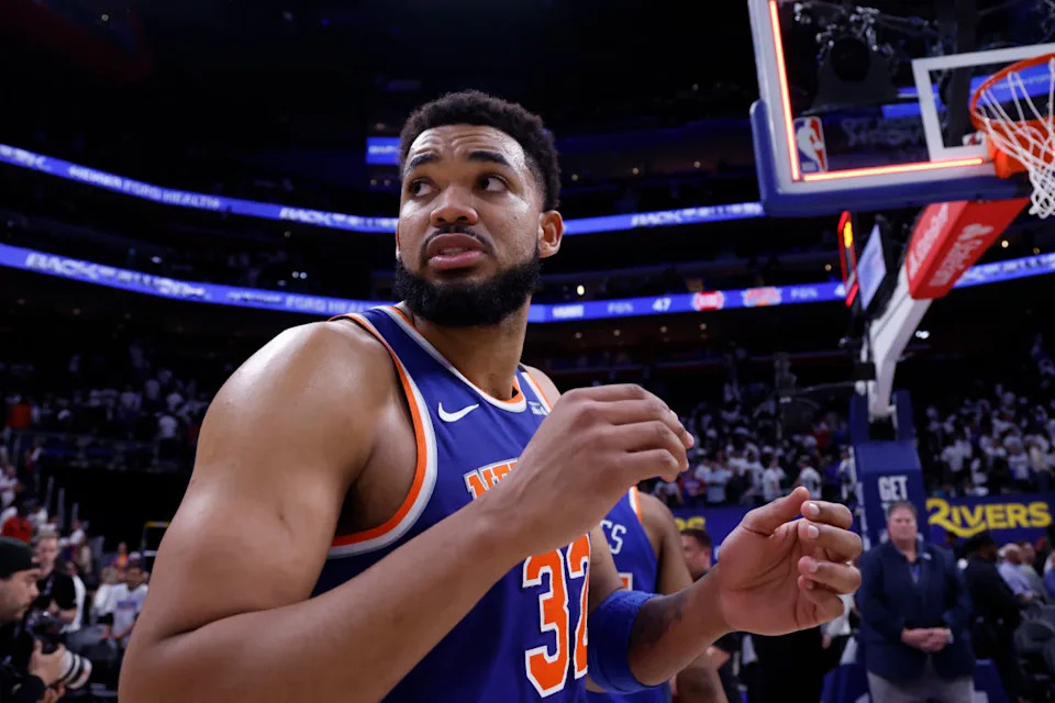 May 1, 2025; Detroit, Michigan, USA; New York Knicks center Karl-Anthony Towns (32) walks off the court after the game against the Detroit Pistons during game six of first round for the 2024 NBA Playoffs at Little Caesars Arena. Mandatory Credit: Rick Osentoski-Imagn Images Mandatory Credit: Rick Osentoski-Imagn Images