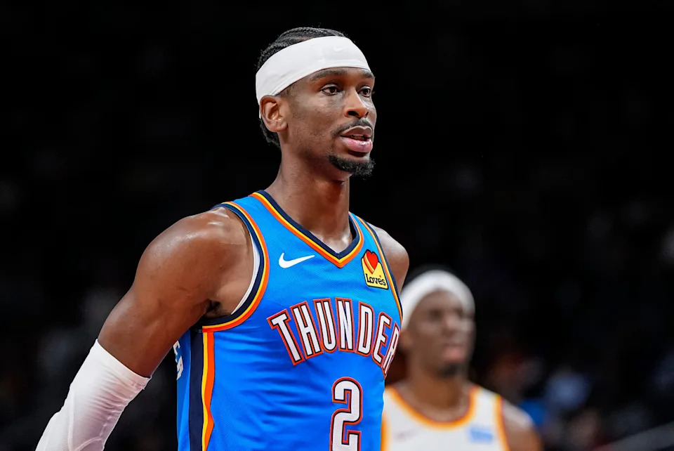 Oct 25, 2025; Atlanta, Georgia, USA; Oklahoma City Thunder guard Shai Gilgeous-Alexander (2) shown on the court against the Atlanta Hawks during the second half at State Farm Arena. Mandatory Credit: Dale Zanine-Imagn Images