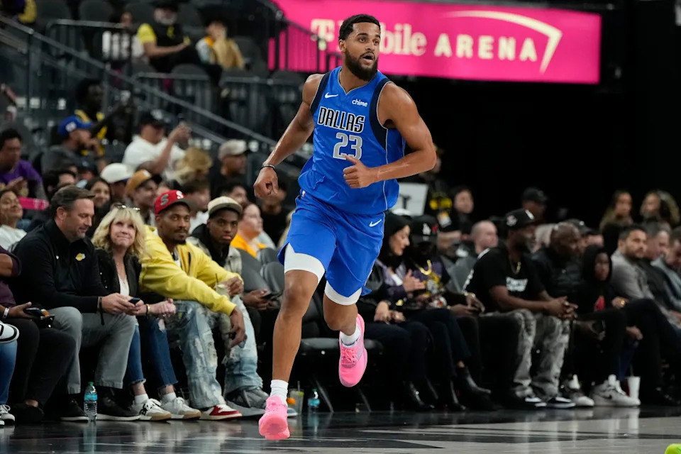 Oct 15, 2025; Las Vegas, Nevada, USA; Dallas Mavericks forward Jeremiah Robinson-Earl (23) competes during the second half against the Los Angeles Lakers at T-Mobile Arena.