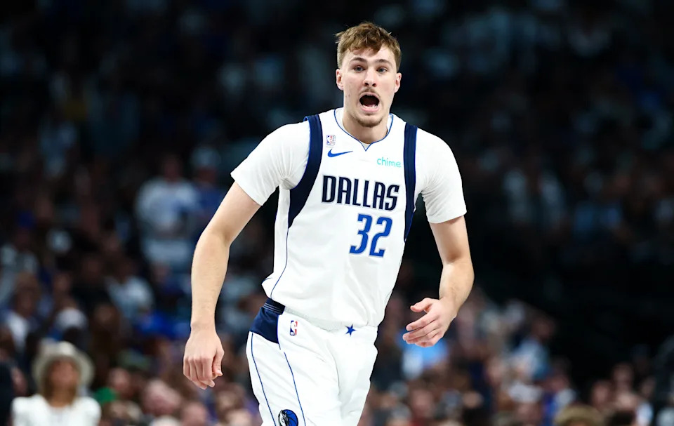 Oct 22, 2025; Dallas, Texas, USA;   Dallas Mavericks forward Cooper Flagg (32) reacts against the San Antonio Spurs during the first half  at American Airlines Center. Mandatory Credit: Kevin Jairaj-Imagn Images