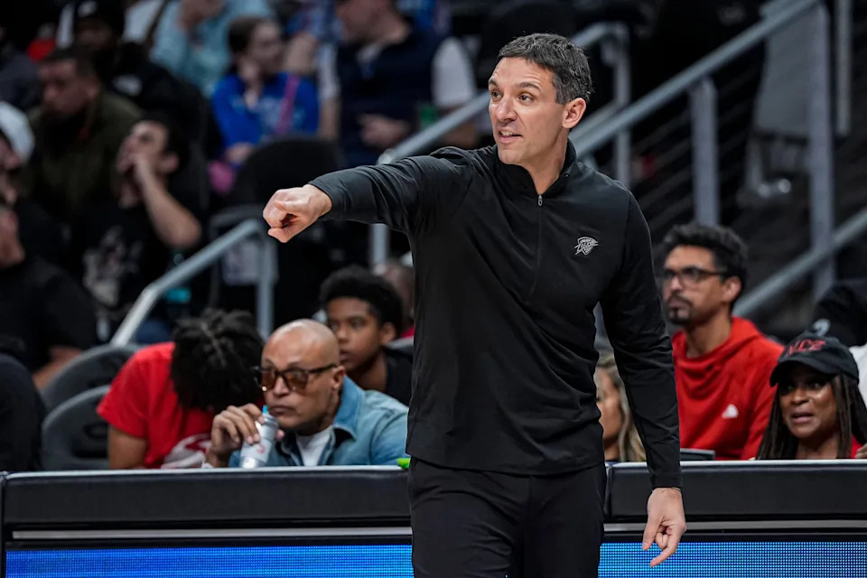 Oct 25, 2025; Atlanta, Georgia, USA; Oklahoma City Thunder head coach Mark Daigneault reacts against the Atlanta Hawks during the second half at State Farm Arena. Mandatory Credit: Dale Zanine-Imagn Images