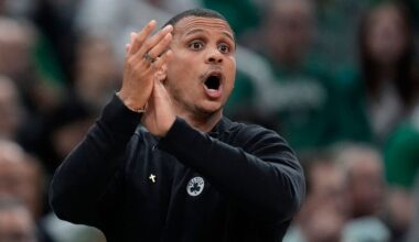 Boston Celtics coach Joe Mazzulla calls to players during the first half of Game 1 of the team's NBA Finals against the Dallas Mavericks, Thursday, June 6, in Boston. (AP Photo/Charles Krupa)