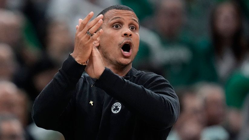Boston Celtics coach Joe Mazzulla calls to players during the first half of Game 1 of the team's NBA Finals against the Dallas Mavericks, Thursday, June 6, in Boston. (AP Photo/Charles Krupa)