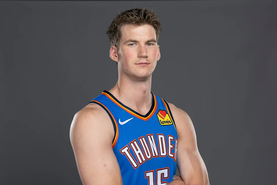 Sep 29, 2025; Oklahoma City, OK, USA; Oklahoma City Thunder center Branden Carlson poses for a photo during the 2025 Oklahoma City Thunder media day at Paycom Center. Mandatory Credit: Alonzo Adams-Imagn Images