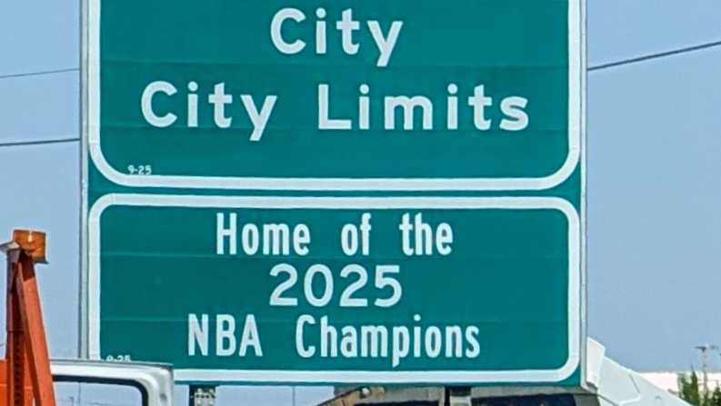 2025 NBA Champions signs being installed in Oklahoma City