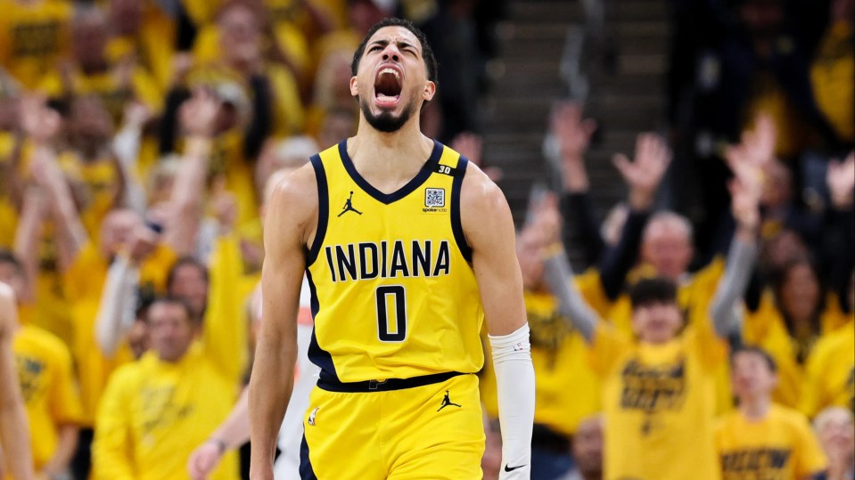 INDIANAPOLIS, INDIANA - MAY 10: Tyrese Haliburton #0 of the Indiana Pacers reacts after his made three-point basket against the New York Knicks during the second quarter in Game Three of the Eastern Conference Second Round Playoffs at Gainbridge Fieldhouse on May 10, 2024 in Indianapolis, Indiana. NOTE TO USER: User expressly acknowledges and agrees that, by downloading and or using this photograph, User is consenting to the terms and conditions of the Getty Images License Agreement. (Photo by Andy Lyons/Getty Images)