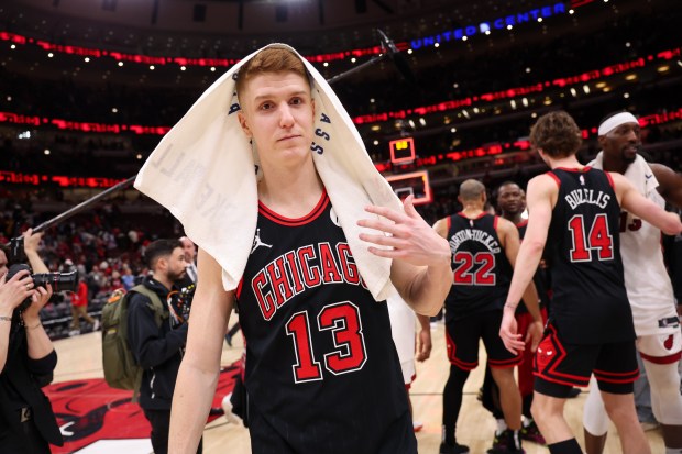 Bulls guard Kevin Huerter walks off the court after a loss to the Heat in the play-in tournament April 16, 2025, at the United Center. (Armando L. Sanchez/Chicago Tribune)