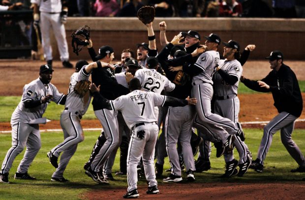 The Chicago White Sox celebrate on the mound after their 1-0 win over the Houston Astros in game 4 to win the World Series at Minute Maid Field in Houston, Texas on Oct. 26, 2005. (Scott Strazzante/Chicago Tribune)