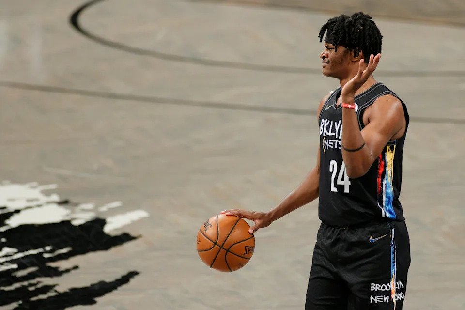 NEW YORK, NEW YORK - MAY 25: Alize Johnson #24 of the Brooklyn Nets reacts during the second half of Game Two of their Eastern Conference first-round playoff series against the Boston Celtics at Barclays Center on May 25, 2021 in the Brooklyn borough of New York City. NOTE TO USER: User expressly acknowledges and agrees that, by downloading and or using this photograph, User is consenting to the terms and conditions of the Getty Images License Agreement. (Photo by Sarah Stier/Getty Images)