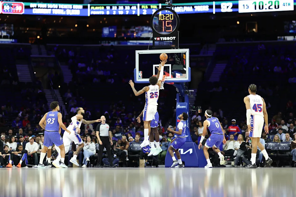 Oct 10, 2025; Philadelphia, Pennsylvania, USA; General view as Philadelphia 76ers forward Dominick Barlow (25) shoots against the Orlando Magic during the fourth quarter at Xfinity Mobile Arena. Mandatory Credit: Bill Streicher-Imagn Images