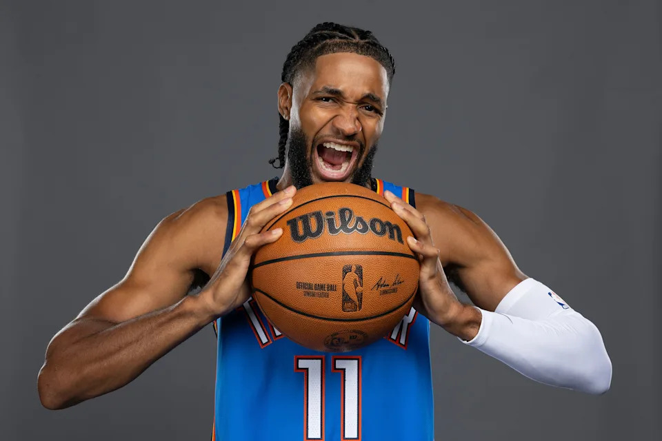 Sep 29, 2025; Oklahoma City, OK, USA; Oklahoma City Thunder guard Isaiah Joe poses for a photo during the 2025 Oklahoma City Thunder media day at Paycom Center. Mandatory Credit: Alonzo Adams-Imagn Images