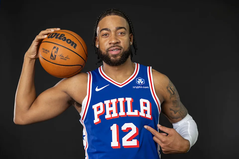 CAMDEN, NEW JERSEY - SEPTEMBER 26: Trendon Watford #12 of the Philadelphia 76ers poses for a portrait during media day at 76ers Training Complex on September 26, 2025 in Camden, New Jersey. (Photo by Emilee Chinn/Getty Images)