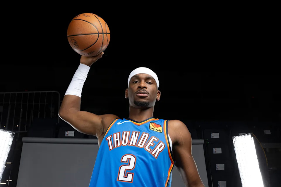 Sep 29, 2025; Oklahoma City, OK, USA; Oklahoma City Thunder guard Shai Gilgeous-Alexander poses for a photo during the 2025 Oklahoma City Thunder media day at Paycom Center. Mandatory Credit: Alonzo Adams-Imagn Images