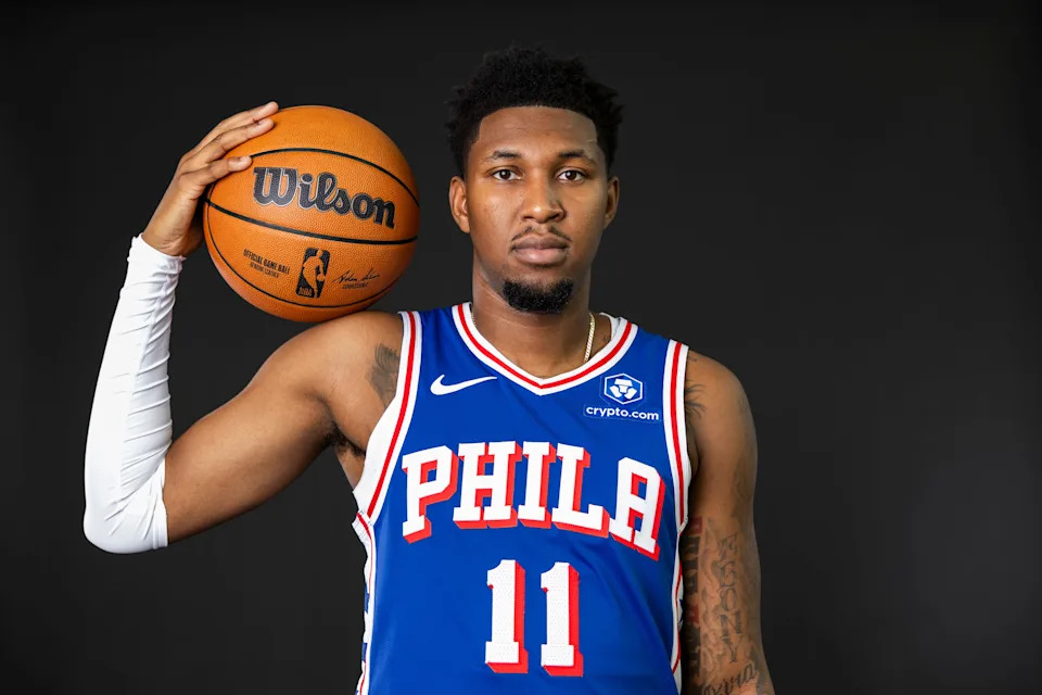 CAMDEN, NEW JERSEY - SEPTEMBER 26: Justin Edwards #11 of the Philadelphia 76ers poses for a portrait during media day at 76ers Training Complex on September 26, 2025 in Camden, New Jersey. (Photo by Emilee Chinn/Getty Images)