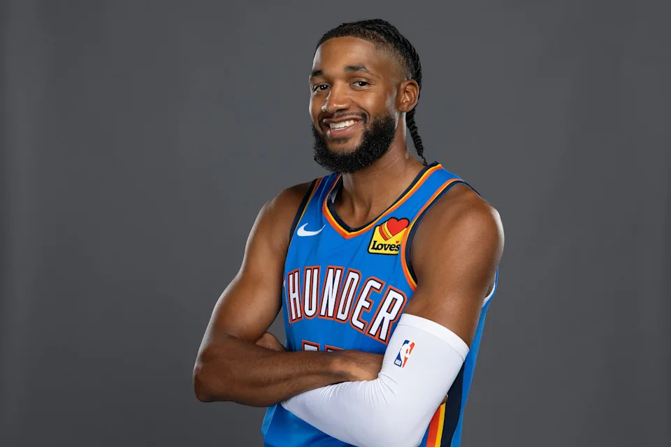 Sep 29, 2025; Oklahoma City, OK, USA; Oklahoma City Thunder guard Isaiah Joe poses for a photo during the 2025 Oklahoma City Thunder media day at Paycom Center. Mandatory Credit: Alonzo Adams-Imagn Images