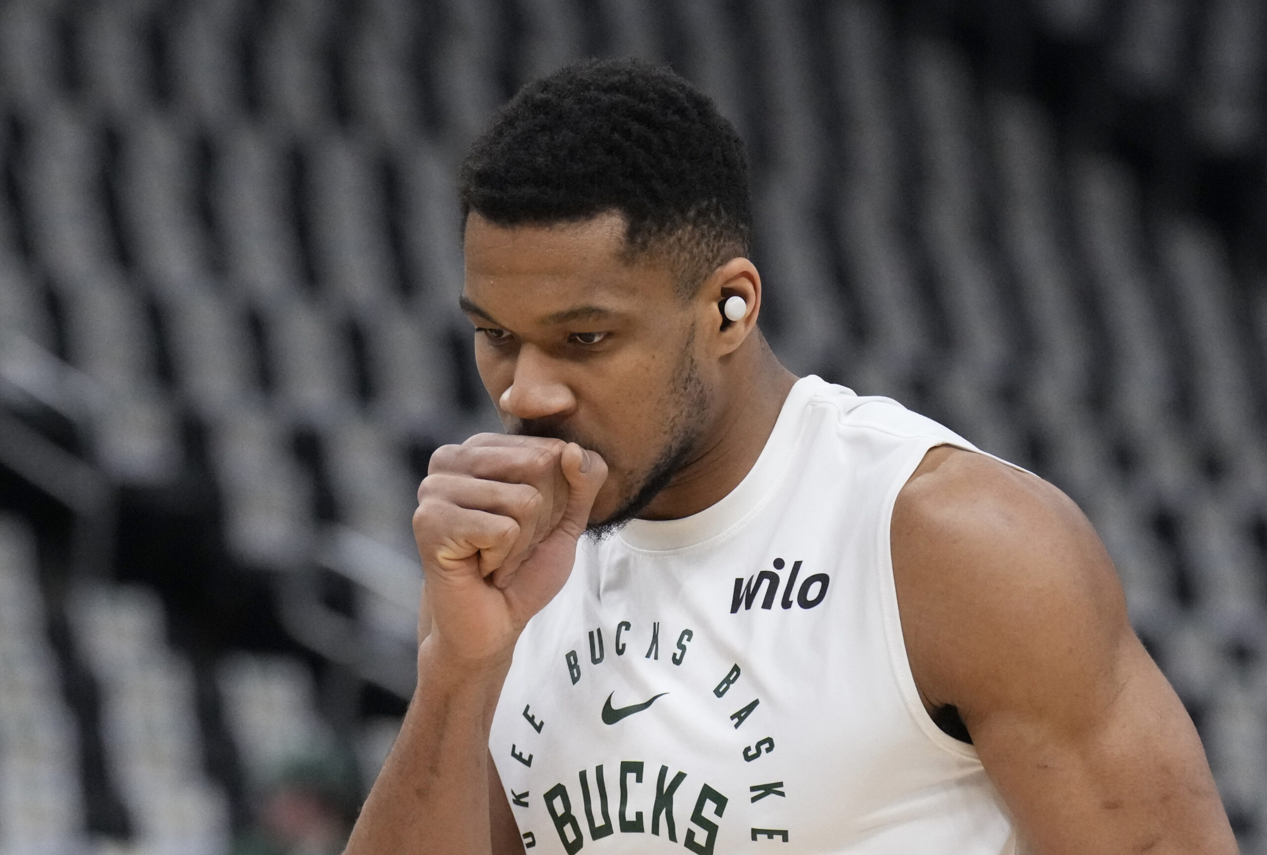 Milwaukee Bucks forward Giannis Antetokounmpo warms up before game three against the Indiana Pacers in the first round of the 2024 NBA Playoffs.
