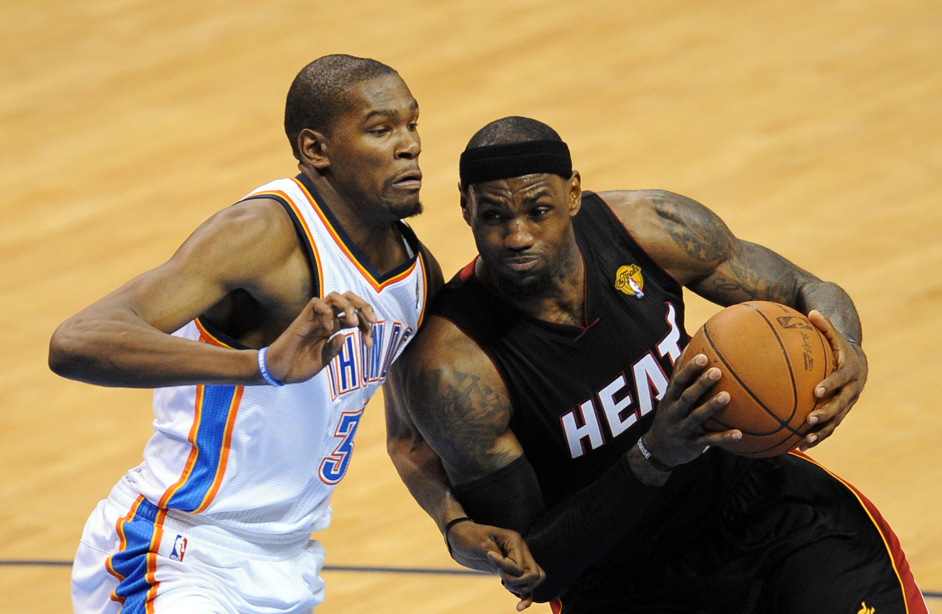 Miami Heat small forward LeBron James drives against Oklahoma City Thunder small forward Kevin Durant during the 2012 NBA Finals.