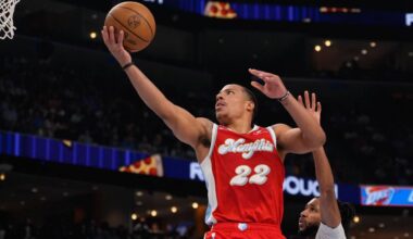 FILE - Memphis Grizzlies guard Desmond Bane (22) shoots the ball past Oklahoma City Thunder guard Isaiah Joe (11) during the first half in Game 4 of an NBA first-round playoff series, April 26, 2025, in Memphis, Tenn. (AP Photo/George Walker IV, File)